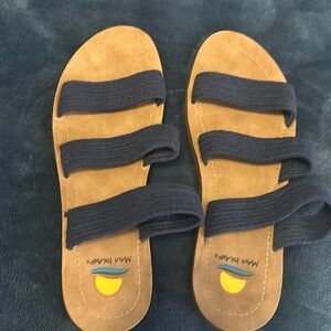 Blue and Tan Multi-Strap Sandals with Flat Sole